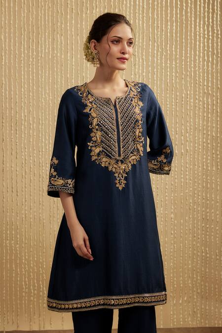Buy_Mehak Murpana_Navy Silk, Chanderi Embroidery Round Neck Blue Kurta Set _Online_at_Aza_Fashions