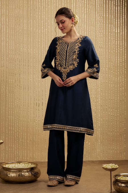 Mehak Murpana Navy Blue Silk Chanderi Kurta Set 