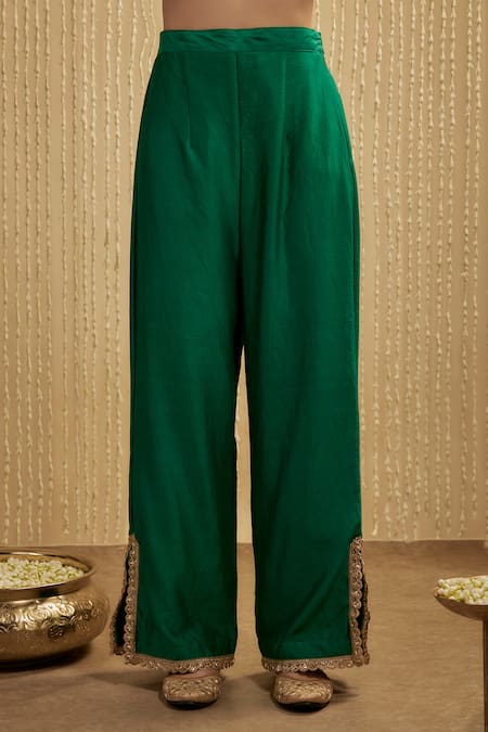 Mehak Murpana Peach Silk, Chanderi Embroidery Round Neck Peacock Green Kurta Set Online at Aza Fashions Mehak Murpana_Peach Silk, Chanderi Embroidery Round Neck Peacock Green Kurta Set _Online_at_Aza_Fashions