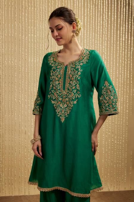 Buy Mehak Murpana Peach Silk, Chanderi Embroidery Round Neck Peacock Green Kurta Set Online at Aza Fashions Buy_Mehak Murpana_Peach Silk, Chanderi Embroidery Round Neck Peacock Green Kurta Set _Online_at_Aza_Fashions
