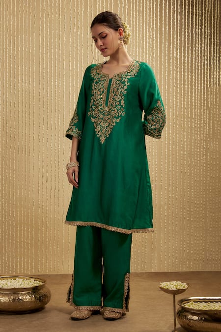 Mehak Murpana Peacock Green Silk Chanderi Kurta Set 