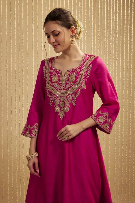 Buy Mehak Murpana Pink Silk, Chanderi Embroidery Round Neck Hot Kurta Set Online at Aza Fashions Buy_Mehak Murpana_Pink Silk, Chanderi Embroidery Round Neck Hot Kurta Set _Online_at_Aza_Fashions