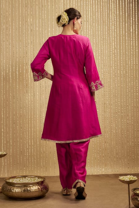 Shop Mehak Murpana Pink Silk, Chanderi Embroidery Round Neck Hot Kurta Set at Aza Fashions Shop_Mehak Murpana_Pink Silk, Chanderi Embroidery Round Neck Hot Kurta Set _at_Aza_Fashions