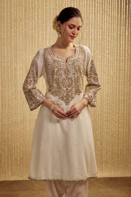 Buy Mehak Murpana Ivory Silk, Chanderi, Crepe Embroidery Round Neck Kurta Pant Set Online at Aza Fashions Buy_Mehak Murpana_Ivory Silk, Chanderi, Crepe Embroidery Round Neck Kurta Pant Set _Online_at_Aza_Fashions