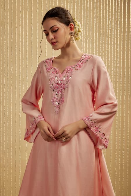Buy Mehak Murpana Pink Silk, Chanderi Embroidery Split V-neck Baby Kurta Set Online at Aza Fashions Buy_Mehak Murpana_Pink Silk, Chanderi Embroidery Split V-neck Baby Kurta Set _Online_at_Aza_Fashions