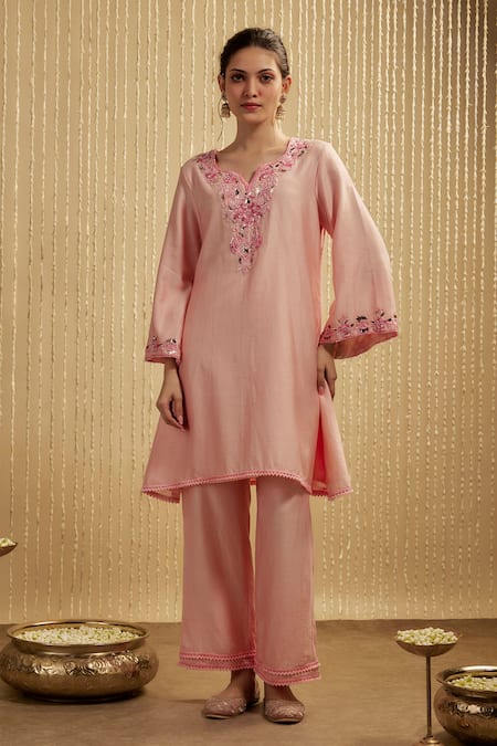 Mehak Murpana Baby Pink Silk Chanderi Kurta Set 