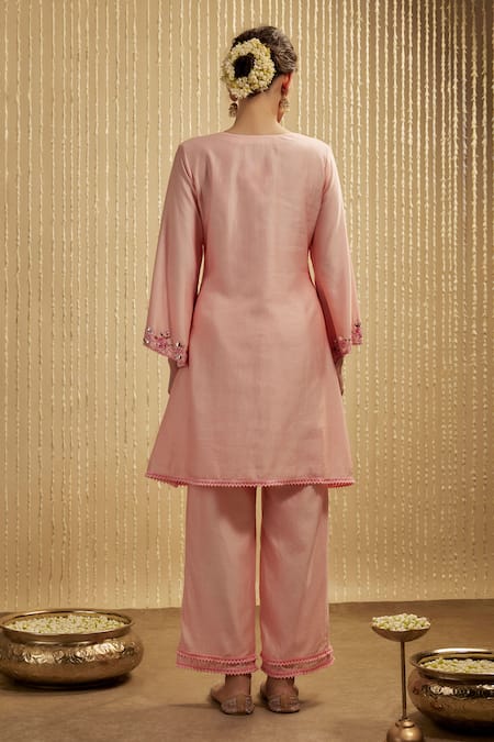 Shop Mehak Murpana Pink Silk, Chanderi Embroidery Split V-neck Baby Kurta Set at Aza Fashions Shop_Mehak Murpana_Pink Silk, Chanderi Embroidery Split V-neck Baby Kurta Set _at_Aza_Fashions