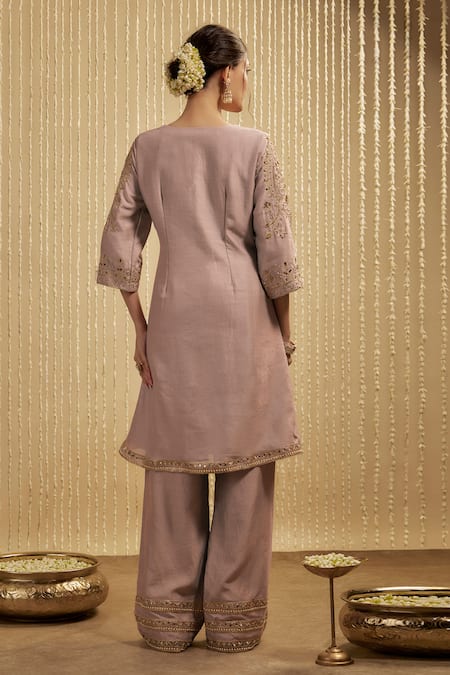 Shop Mehak Murpana Mauve Silk, Chanderi Embroidery Round Neck Pink Kurta Pant Set at Aza Fashions Shop_Mehak Murpana_Mauve Silk, Chanderi Embroidery Round Neck Pink Kurta Pant Set _at_Aza_Fashions