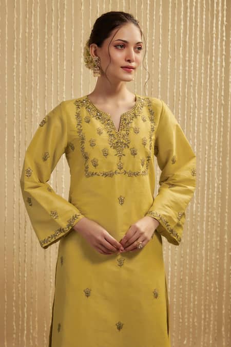 Mehak Murpana Yellow Silk Embroidery Round Neck Kurta And Pant Set Online at Aza Fashions Mehak Murpana_Yellow Silk Embroidery Round Neck Kurta And Pant Set _Online_at_Aza_Fashions