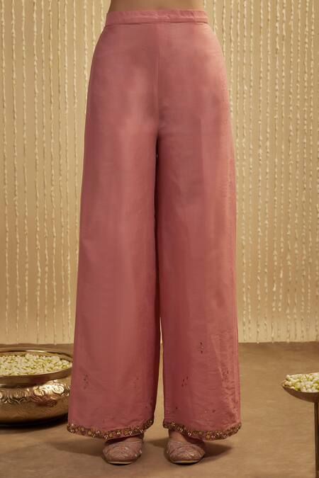 Mehak Murpana_Coral Silk Embroidery V-neck Pink Designer Kurta Set _Online_at_Aza_Fashions