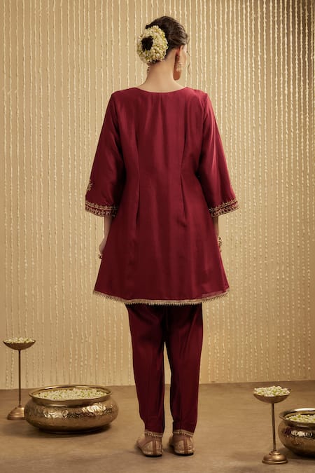 Shop_Mehak Murpana_Red Silk, Chanderi Embroidery Round Neck Designer Kurta Set _at_Aza_Fashions