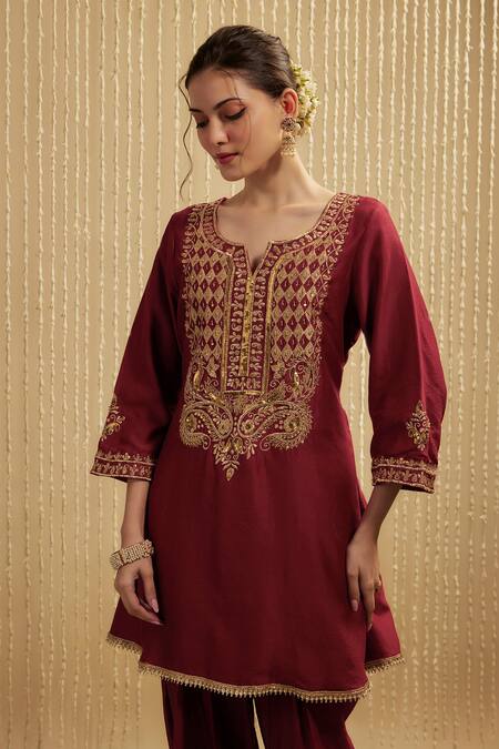 Buy_Mehak Murpana_Red Silk, Chanderi Embroidery Round Neck Designer Kurta Set _Online_at_Aza_Fashions
