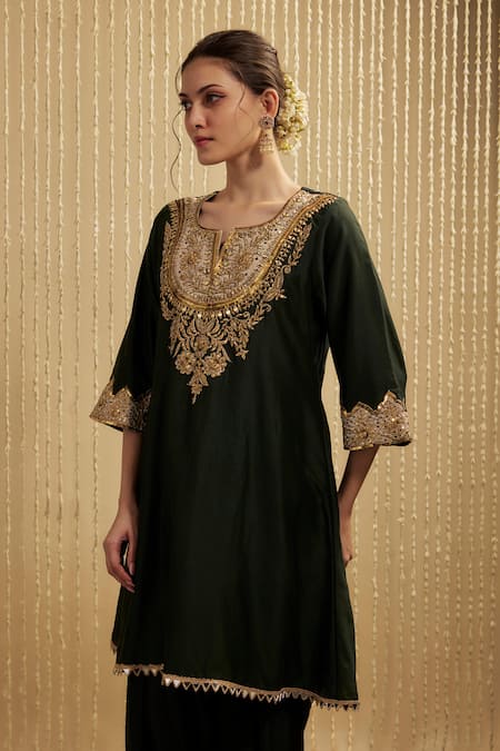 Buy Mehak Murpana Green Chanderi, Silk Embroidery Round Neck Dark Kurta Set Online at Aza Fashions Buy_Mehak Murpana_Green Chanderi, Silk Embroidery Round Neck Dark Kurta Set _Online_at_Aza_Fashions