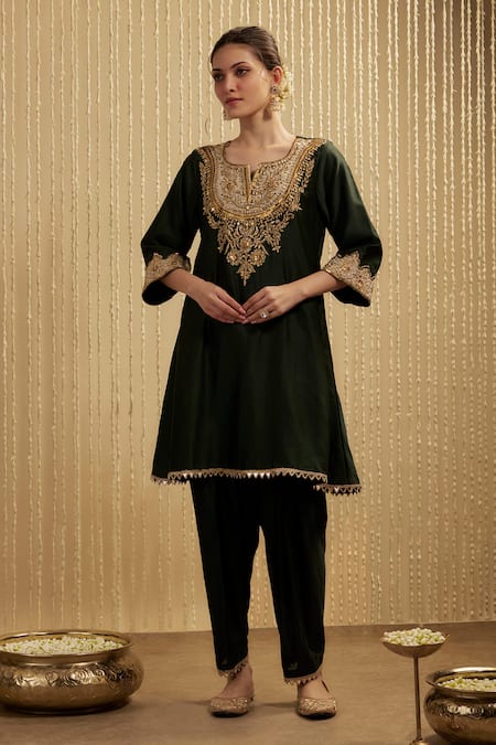 Mehak Murpana Dark Green Silk Chanderi Kurta Set 