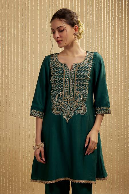 Buy Mehak Murpana Teal Silk, Chanderi Embroidery Round Neck Green Kurta Set Online at Aza Fashions Buy_Mehak Murpana_Teal Silk, Chanderi Embroidery Round Neck Green Kurta Set _Online_at_Aza_Fashions