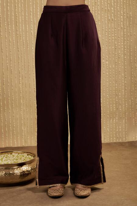 Mehak Murpana_Wine Silk, Chanderi Embroidery Round Neck Kurta Set _Online_at_Aza_Fashions