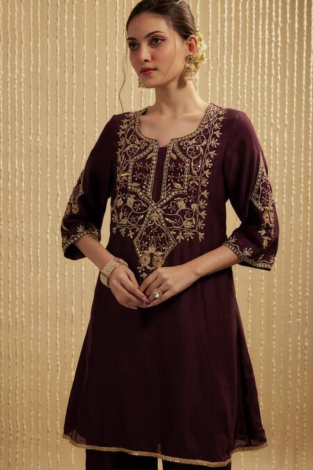 Buy_Mehak Murpana_Wine Silk, Chanderi Embroidery Round Neck Kurta Set _Online_at_Aza_Fashions