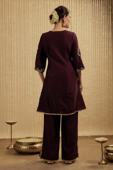 Shop_Mehak Murpana_Wine Silk, Chanderi Embroidery Round Neck Kurta Set _at_Aza_Fashions