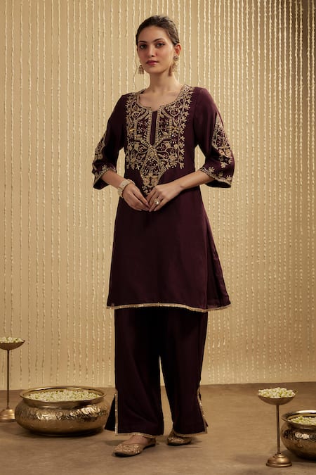 Mehak Murpana Wine Silk Chanderi Kurta Set 