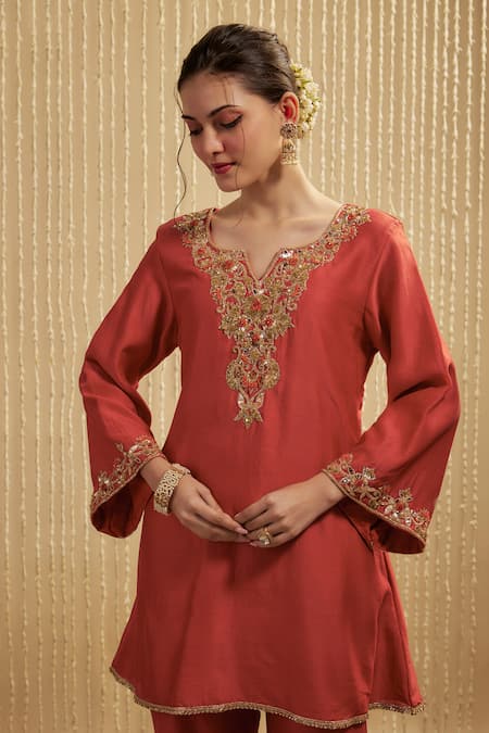 Buy Mehak Murpana Orange Silk, Chanderi Embroidery Round Neck Designer Kurta Set Online at Aza Fashions Buy_Mehak Murpana_Orange Silk, Chanderi Embroidery Round Neck Designer Kurta Set _Online_at_Aza_Fashions