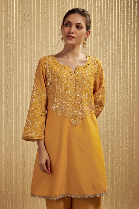 Buy Mehak Murpana Mustard Silk, Chanderi Sequins, Embroidery Split V-neck Yellow Kurta Set Online at Aza Fashions Buy_Mehak Murpana_Mustard Silk, Chanderi Sequins, Embroidery Split V-neck Yellow Kurta Set _Online_at_Aza_Fashions