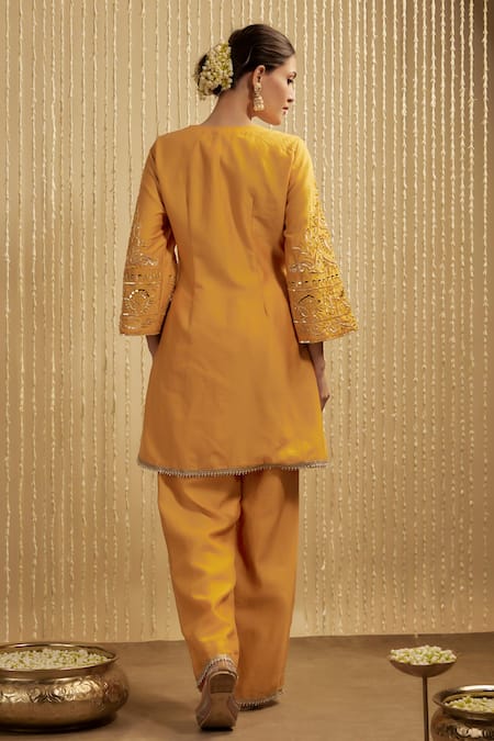 Shop Mehak Murpana Mustard Silk, Chanderi Sequins, Embroidery Split V-neck Yellow Kurta Set at Aza Fashions Shop_Mehak Murpana_Mustard Silk, Chanderi Sequins, Embroidery Split V-neck Yellow Kurta Set _at_Aza_Fashions