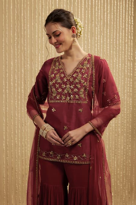 Buy Mehak Murpana Maroon Net Sequins, Embroidery V-neck Kurta Sharara Set Online at Aza Fashions Buy_Mehak Murpana_Maroon Net Sequins, Embroidery V-neck Kurta Sharara Set _Online_at_Aza_Fashions