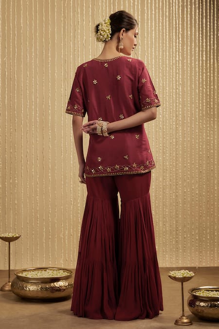 Shop Mehak Murpana Maroon Net Sequins, Embroidery V-neck Kurta Sharara Set at Aza Fashions Shop_Mehak Murpana_Maroon Net Sequins, Embroidery V-neck Kurta Sharara Set _at_Aza_Fashions