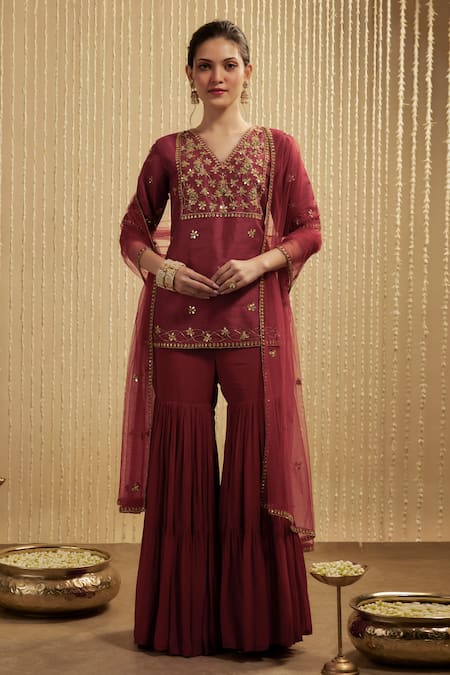 Mehak Murpana Maroon Embroidered Kurta Sharara Set 