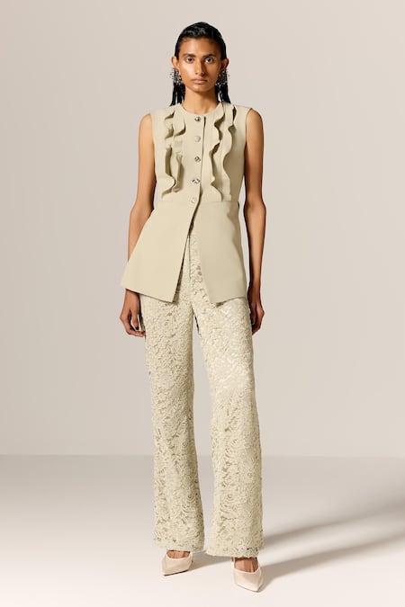 Manika Nanda Beige Crepe, Spandex, Round Neck Pant Set Online at Aza Fashions Manika Nanda_Beige Crepe, Spandex, Round Neck Pant Set _Online_at_Aza_Fashions