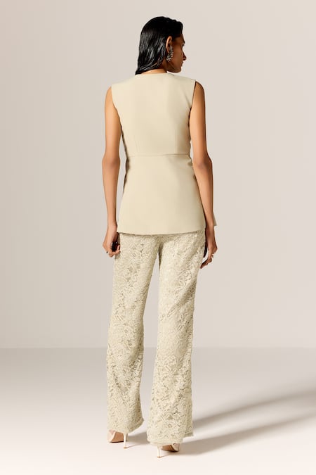 Manika Nanda Beige Crepe Spandex Lace Pant Set 