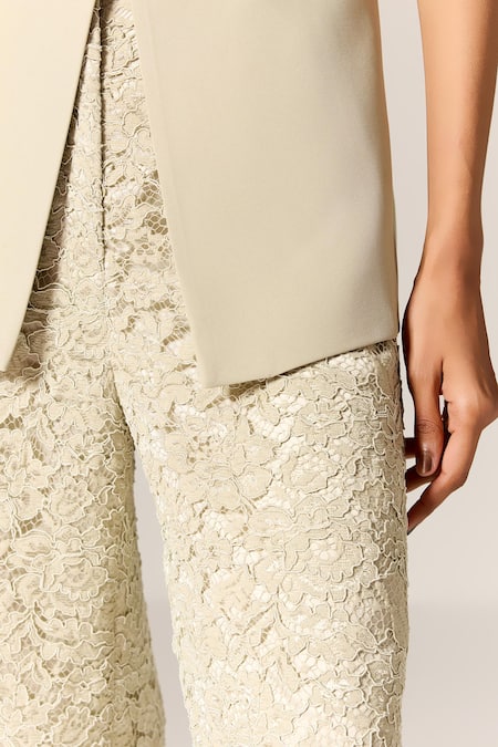 Buy Manika Nanda Beige Crepe, Spandex, Round Neck Pant Set Buy_Manika Nanda_Beige Crepe, Spandex, Round Neck Pant Set