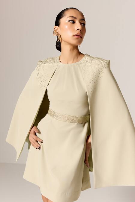 Manika Nanda_Beige Crepe, Spandex Round Neck Astra Cape Dress With Belt _Online_at_Aza_Fashions