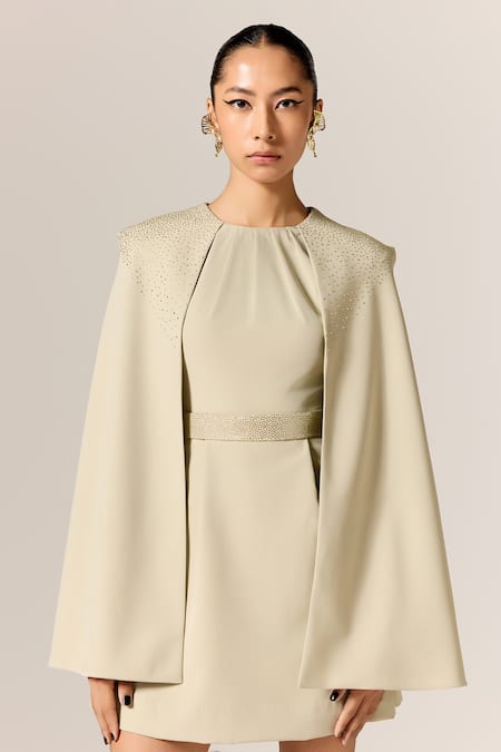 Buy_Manika Nanda_Beige Crepe, Spandex Round Neck Astra Cape Dress With Belt _Online_at_Aza_Fashions