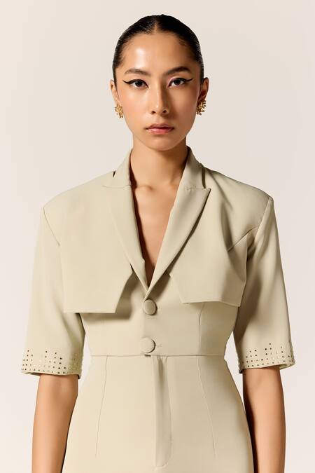 Manika Nanda_Beige Crepe, Spandex Collared, V-neck Aurora Jacket Jumpsuit _Online_at_Aza_Fashions