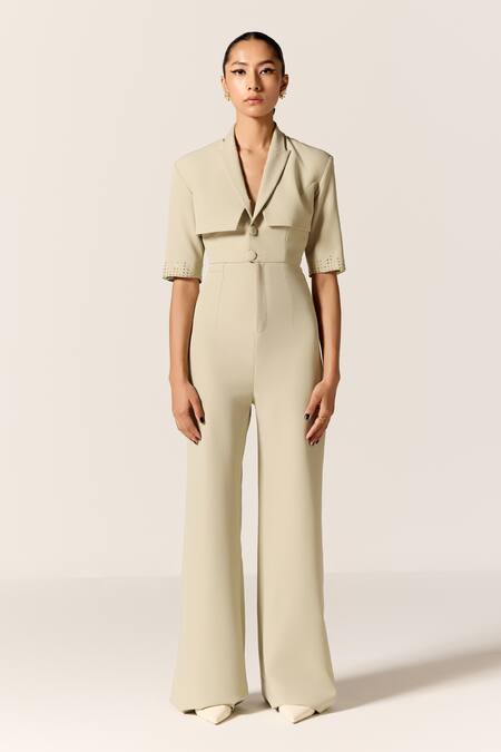 Buy_Manika Nanda_Beige Crepe, Spandex Collared, V-neck Aurora Jacket Jumpsuit _Online_at_Aza_Fashions