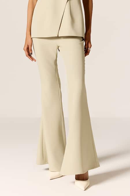 Manika Nanda_Beige Crepe, Spandex Off-shoulder Off Cord Set _Online_at_Aza_Fashions