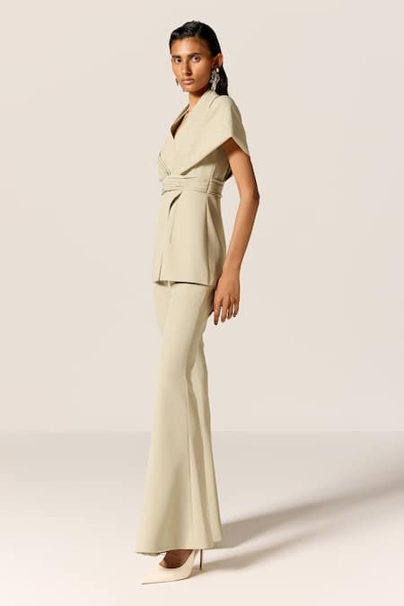 Buy_Manika Nanda_Beige Crepe, Spandex Off-shoulder Off Cord Set _Online_at_Aza_Fashions