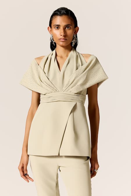 Shop_Manika Nanda_Beige Crepe, Spandex Off-shoulder Off Cord Set _Online_at_Aza_Fashions