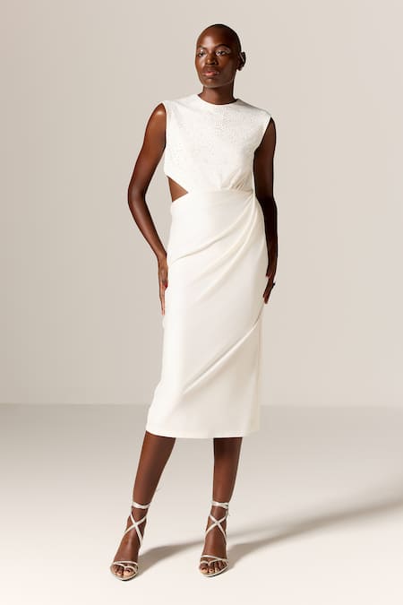 Manika Nanda Ivory Lycra, Spandex Rhinestones High Neck Danica Cutout Midi Dress 