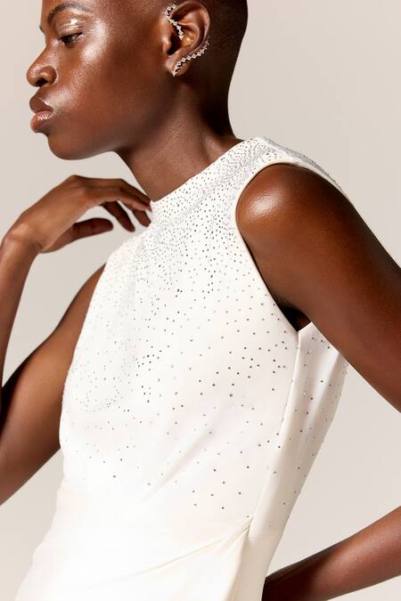 Buy_Manika Nanda_Ivory Lycra, Spandex Rhinestones High Neck Danica Cutout Midi Dress _Online_at_Aza_Fashions