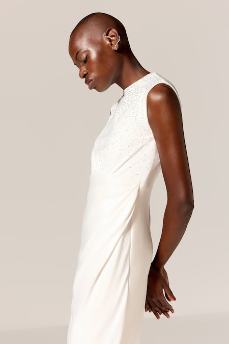 Shop_Manika Nanda_Ivory Lycra, Spandex Rhinestones High Neck Danica Cutout Midi Dress _Online_at_Aza_Fashions