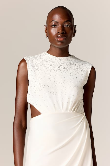 Buy_Manika Nanda_Ivory Lycra, Spandex Rhinestones High Neck Danica Cutout Midi Dress 