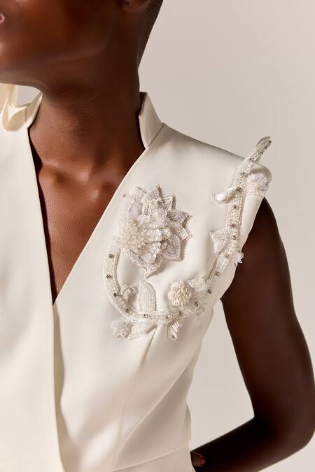 Buy_Manika Nanda_Ivory Beads V-neck Crepe Twill Blazer Dress _Online_at_Aza_Fashions