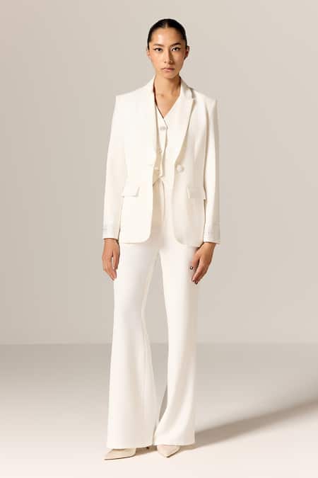 Manika Nanda Ivory Crepe, Twill Rhinestones V-neck 3 Piece Suit Online at Aza Fashions Manika Nanda_Ivory Crepe, Twill Rhinestones V-neck 3 Piece Suit _Online_at_Aza_Fashions