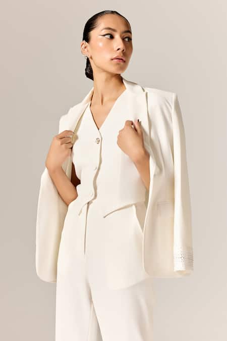 Shop Manika Nanda Ivory Crepe, Twill Rhinestones V-neck 3 Piece Suit Online at Aza Fashions Shop_Manika Nanda_Ivory Crepe, Twill Rhinestones V-neck 3 Piece Suit _Online_at_Aza_Fashions