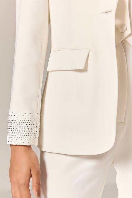 Shop Manika Nanda Ivory Crepe, Twill Rhinestones V-neck 3 Piece Suit Shop_Manika Nanda_Ivory Crepe, Twill Rhinestones V-neck 3 Piece Suit