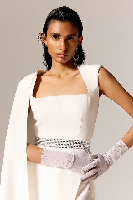 Manika Nanda_Ivory Crepe, Twill Rhinestones Square Neck Cape Gown With Belt _Online_at_Aza_Fashions