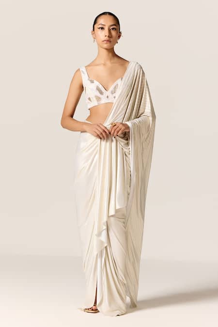 Manika Nanda Ivory Metallic Lycra Slit Saree 