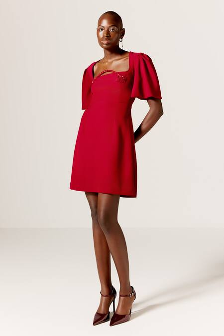 Manika Nanda_Red Embroidery Square Neck Marisol Flared Dress _Online_at_Aza_Fashions